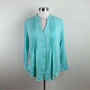 Soft Surroundings Light Blue Cotton Floral Long Sleeve Blouse Top Women Medium